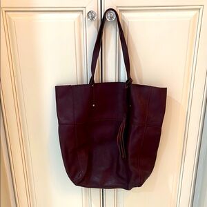 Roots burgundy Leather Tote Bag with Long Straps